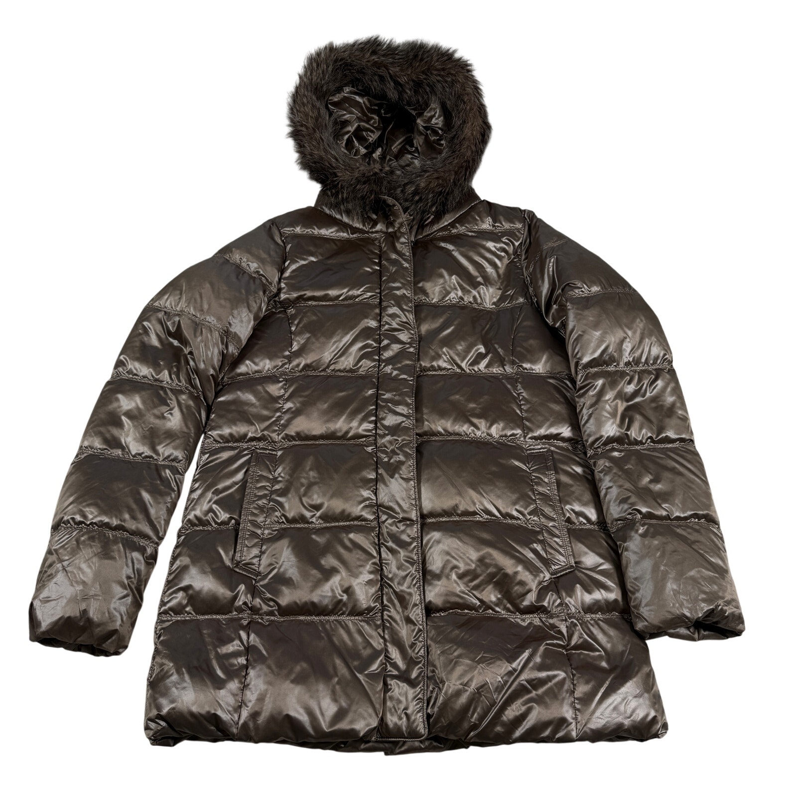 Uniqlo Brown Down Puffer Jacket Faux Fur Hood Women’s Size M Long Quilted Coat